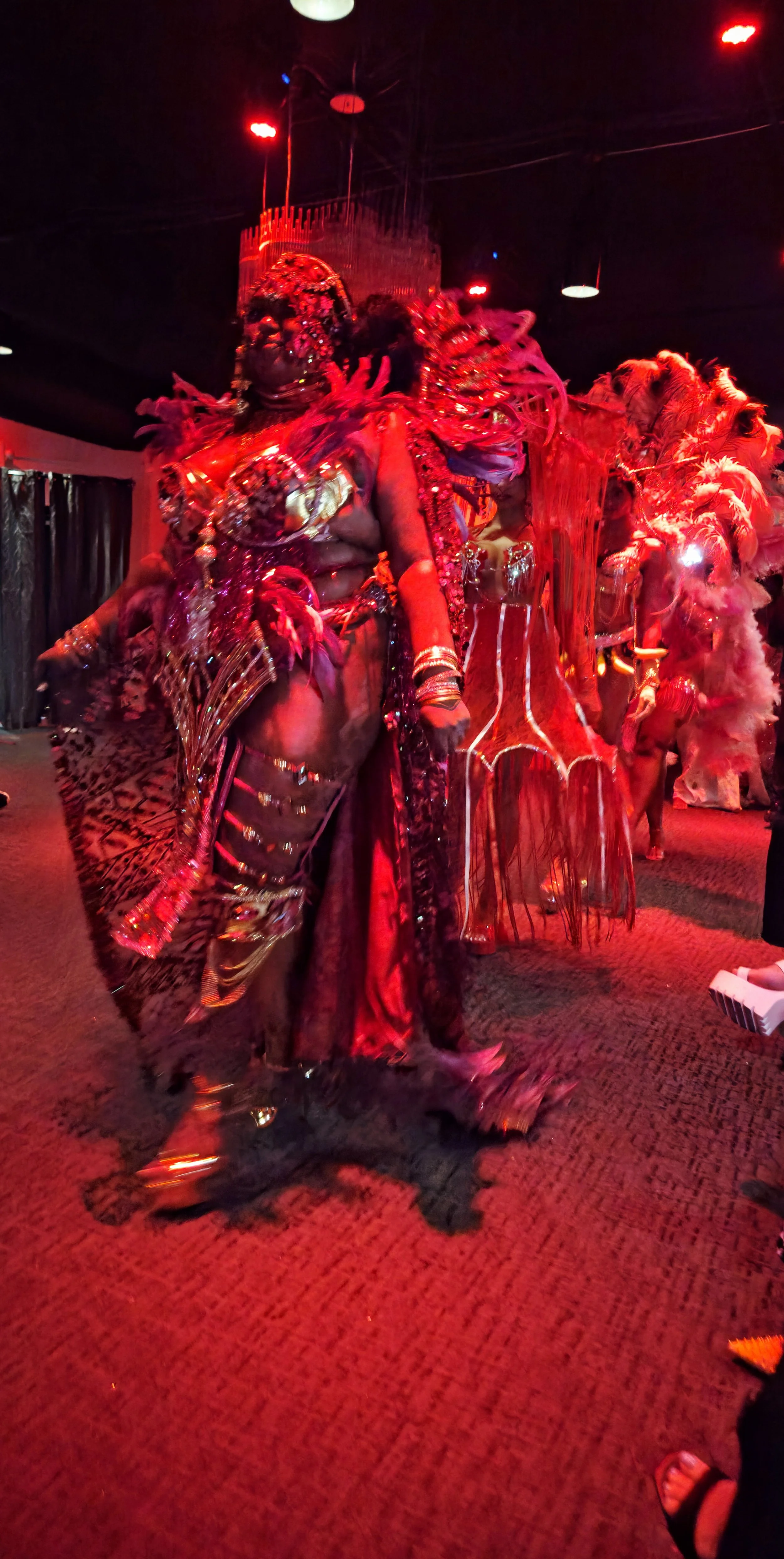 Person dressed in elaborate, colorful costume with feathers, beads, and metallic accents, standing in a dimly lit room with red lighting and other similarly dressed individuals in the background.
