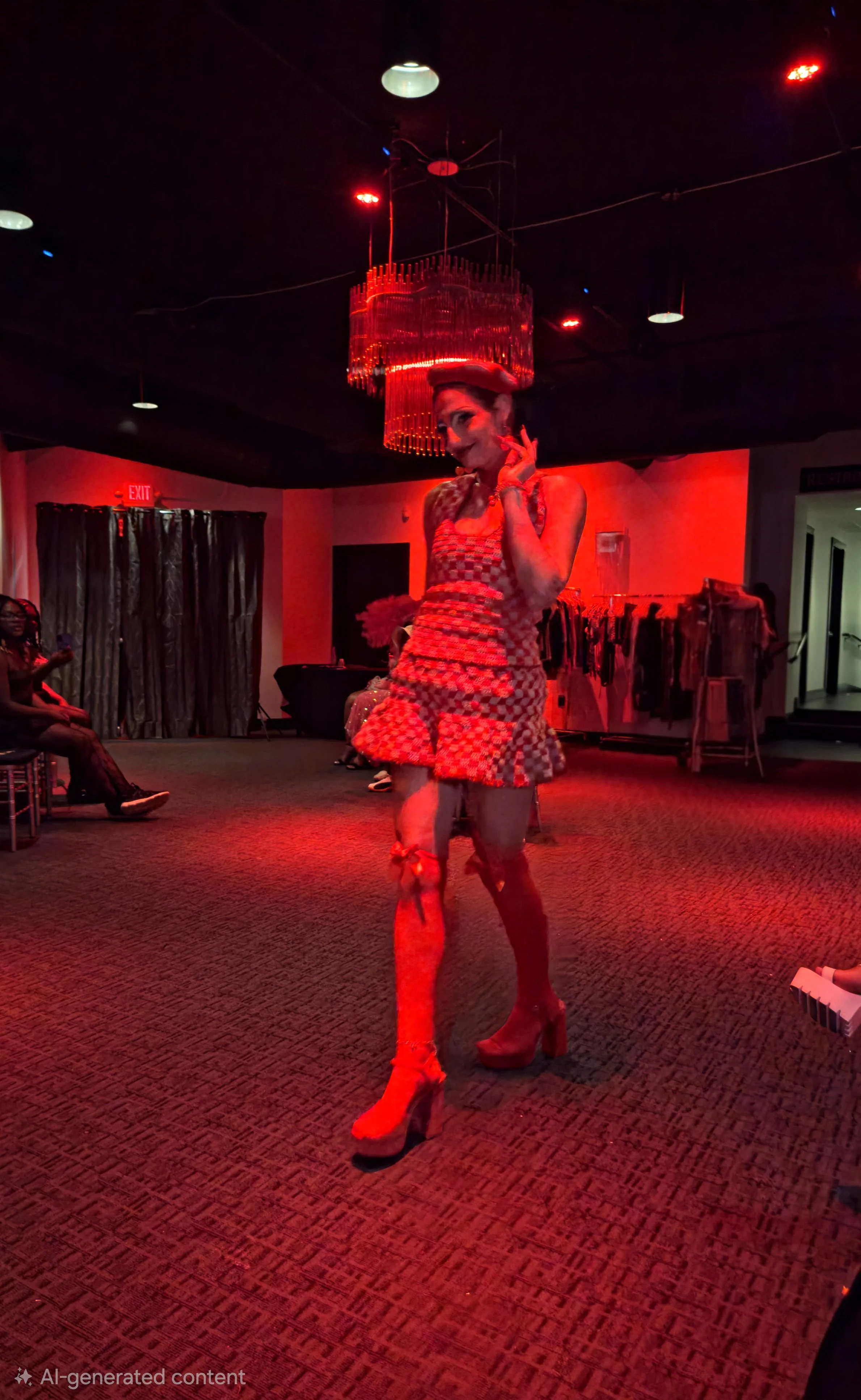 Woman posing and smiling under a red chandelier in a dimly lit room with red lighting, dressed in a colorful checkered outfit and high heels.