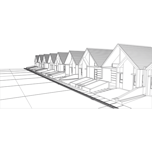 Line drawing of a row of six houses with front porches and pitched roofs, viewed from the street.