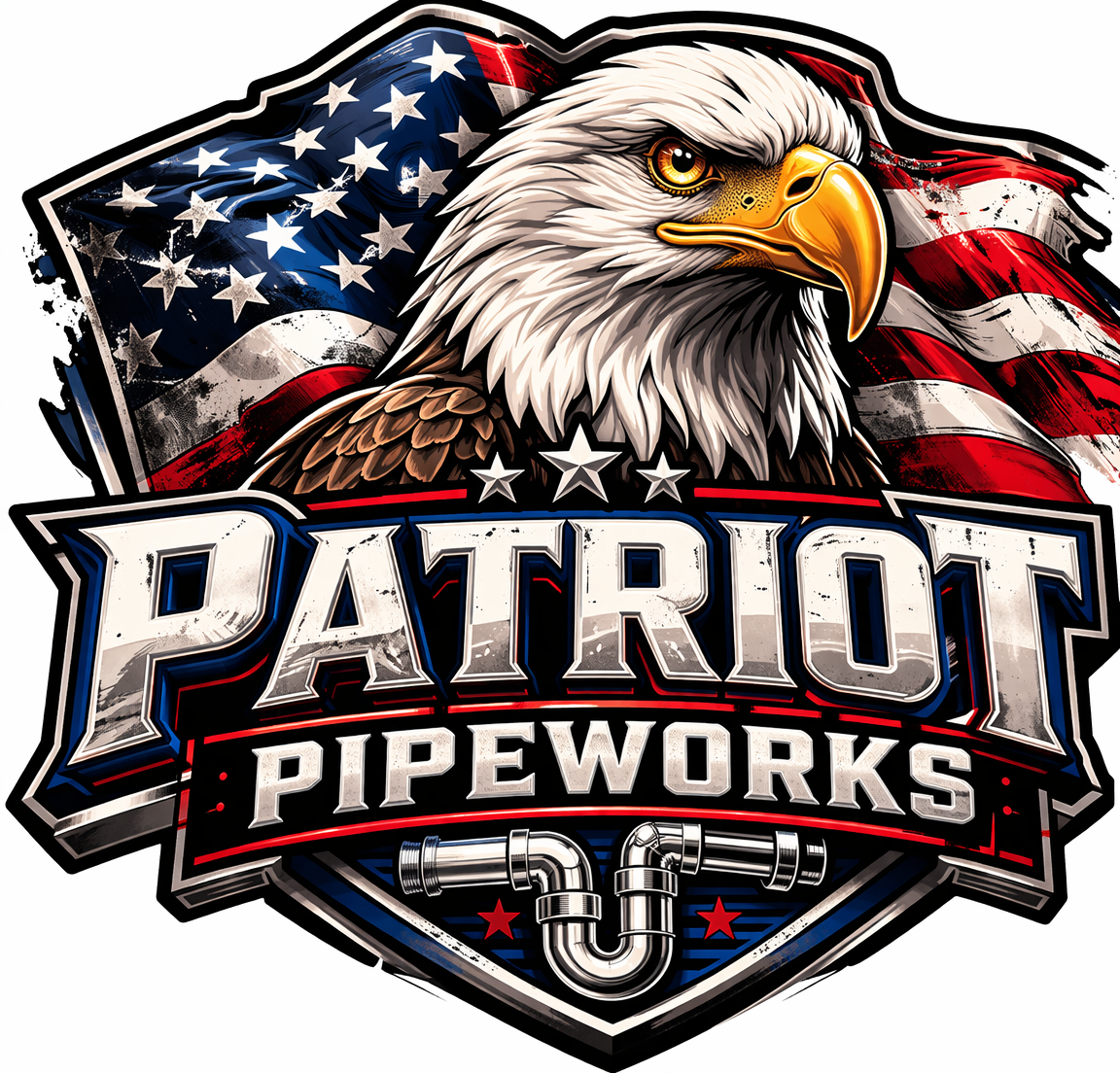 Logo for Patriot Pipeworks featuring an American flag, an eagle's head, and pipes.