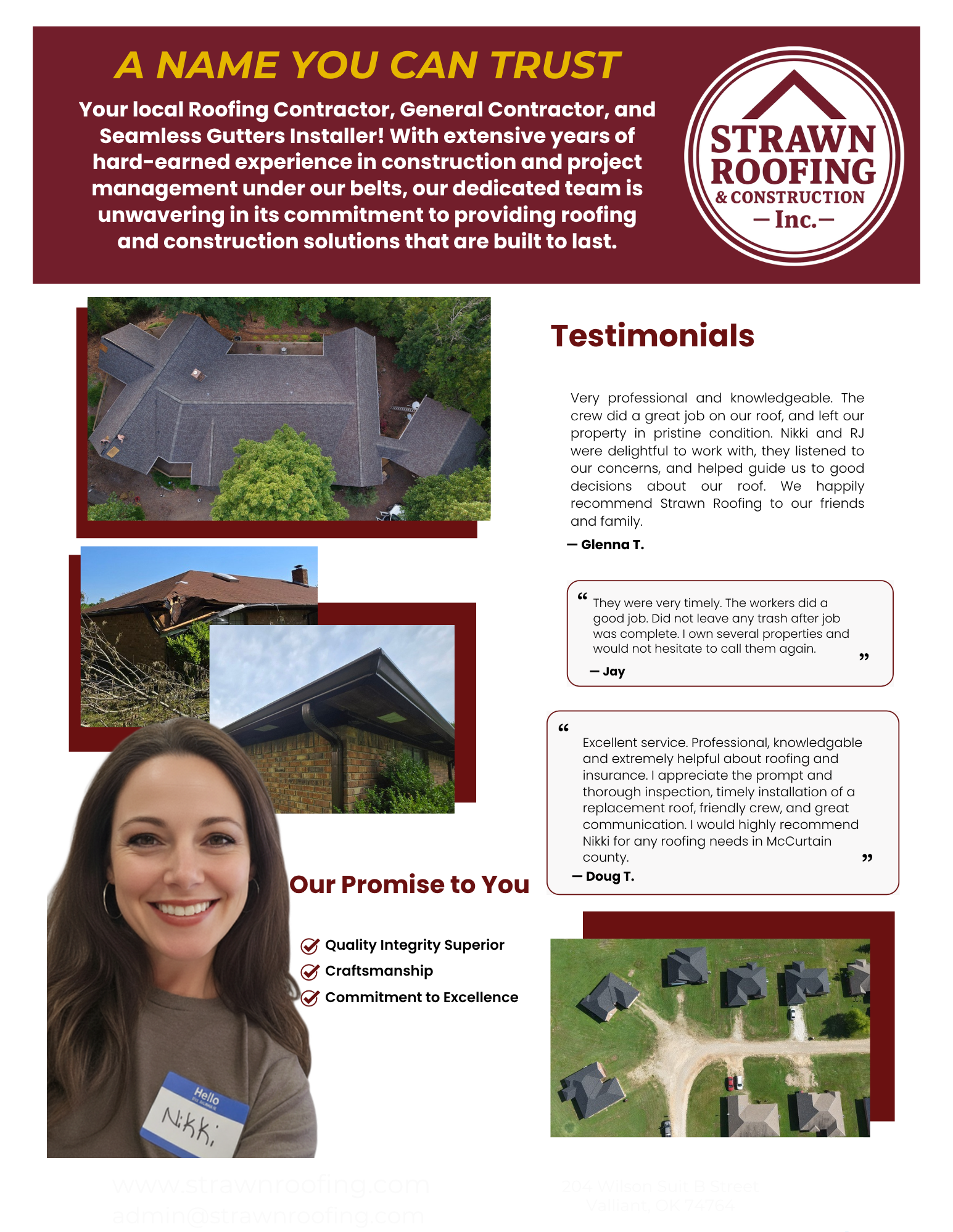 Strawn Roofing & Construction Inc company values and project highlights for residential roofing and storm restoration in SE Oklahoma and NE Texas.
