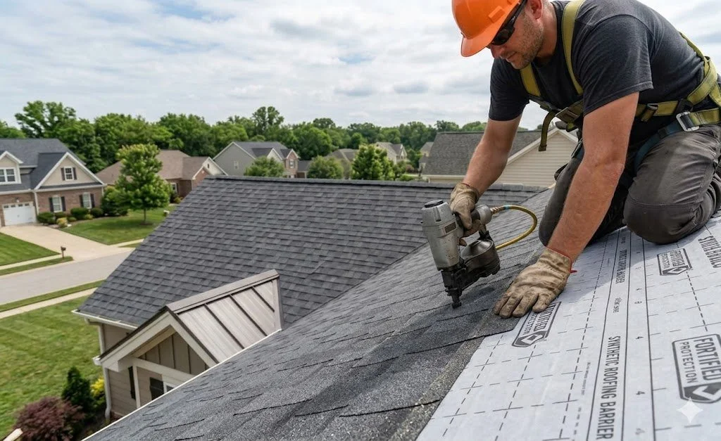 Professional roofing crew installing synthetic underlayment and architectural shingles for a residential project in SE Oklahoma and NE Texas by Strawn Roofing & Construction Inc.