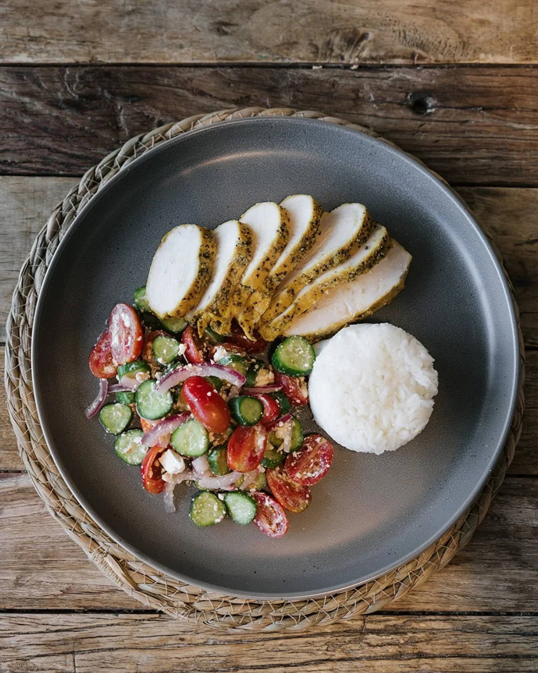 Today&rsquo;s spotlight: Mediterranean Chicken.

Seasoned chicken served with white rice and a fresh cucumber salad with tomatoes, red onion, feta, and vinaigrette.

Simple ingredients, balanced nutrition, and made fresh every week.