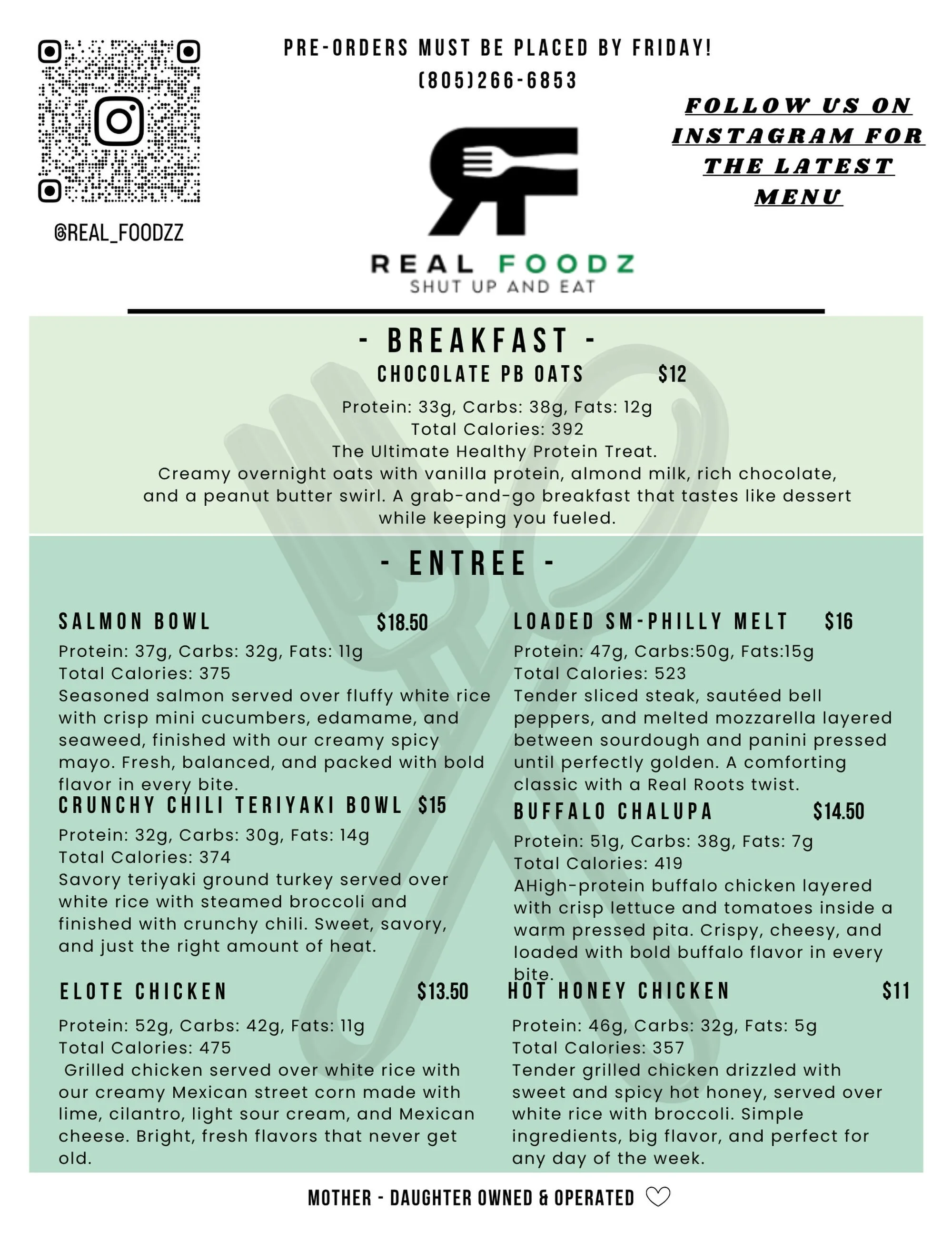 The new Real Foodz menu is here! 🥒

This week&rsquo;s lineup includes:

Chocolate PB Oats
Salmon Bowl
Crunchy Chili Teriyaki Bowl
Elote Chicken
Loaded SM Philly Melt
Buffalo Chalupa
Hot Honey Chicken

Fresh, high-protein meals prepared weekly to mak