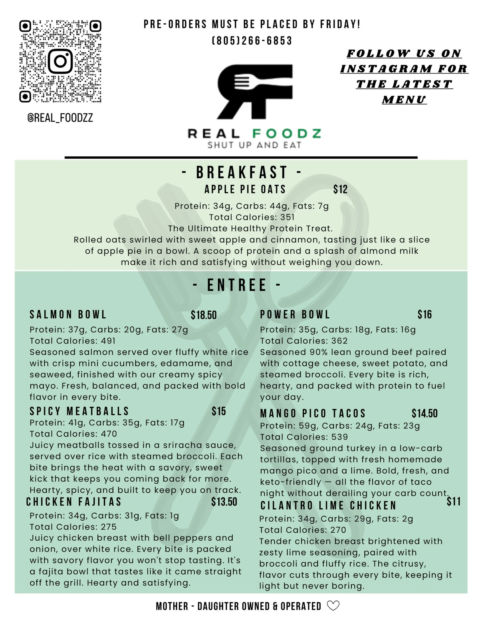 New month, new menu.

This week&rsquo;s lineup is packed with fresh, high protein options including Apple Pie Oats, Salmon Bowl, Spicy Meatballs, Chicken Fajitas, Power Bowl, Mango Pico Tacos, and Cilantro Lime Chicken.

Pre orders close Friday.

Ord