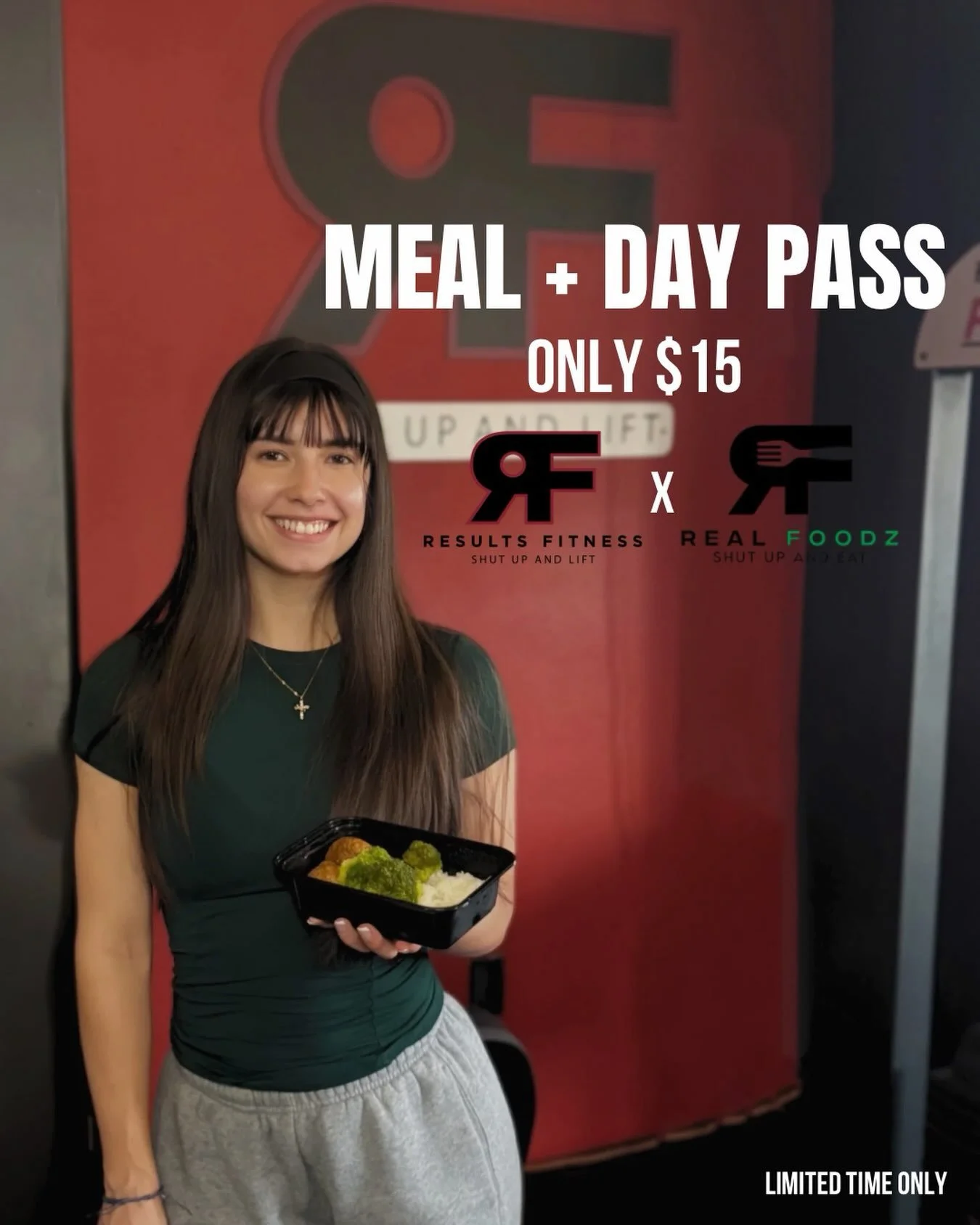 Fuel your workout and your day.

Real Foodz x Results Fitness = the perfect combo. Get a meal + day pass for only $15. Get your workout in and leave with a meal ready to go.

Limited time only.

#RealFoodz #ResultsFitness #MealPrep #FitnessFuel #Heal