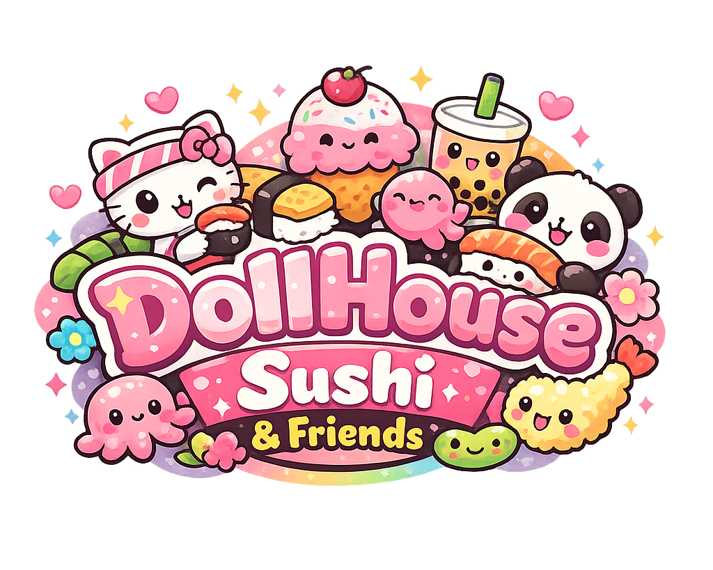 Colorful cartoon logo for 'Doll House Sushi & Friends' featuring cute characters like a panda, a cat, sushi, a bubble tea, a cupcake, and various pink, purple, and pastel-colored elements with hearts and stars.