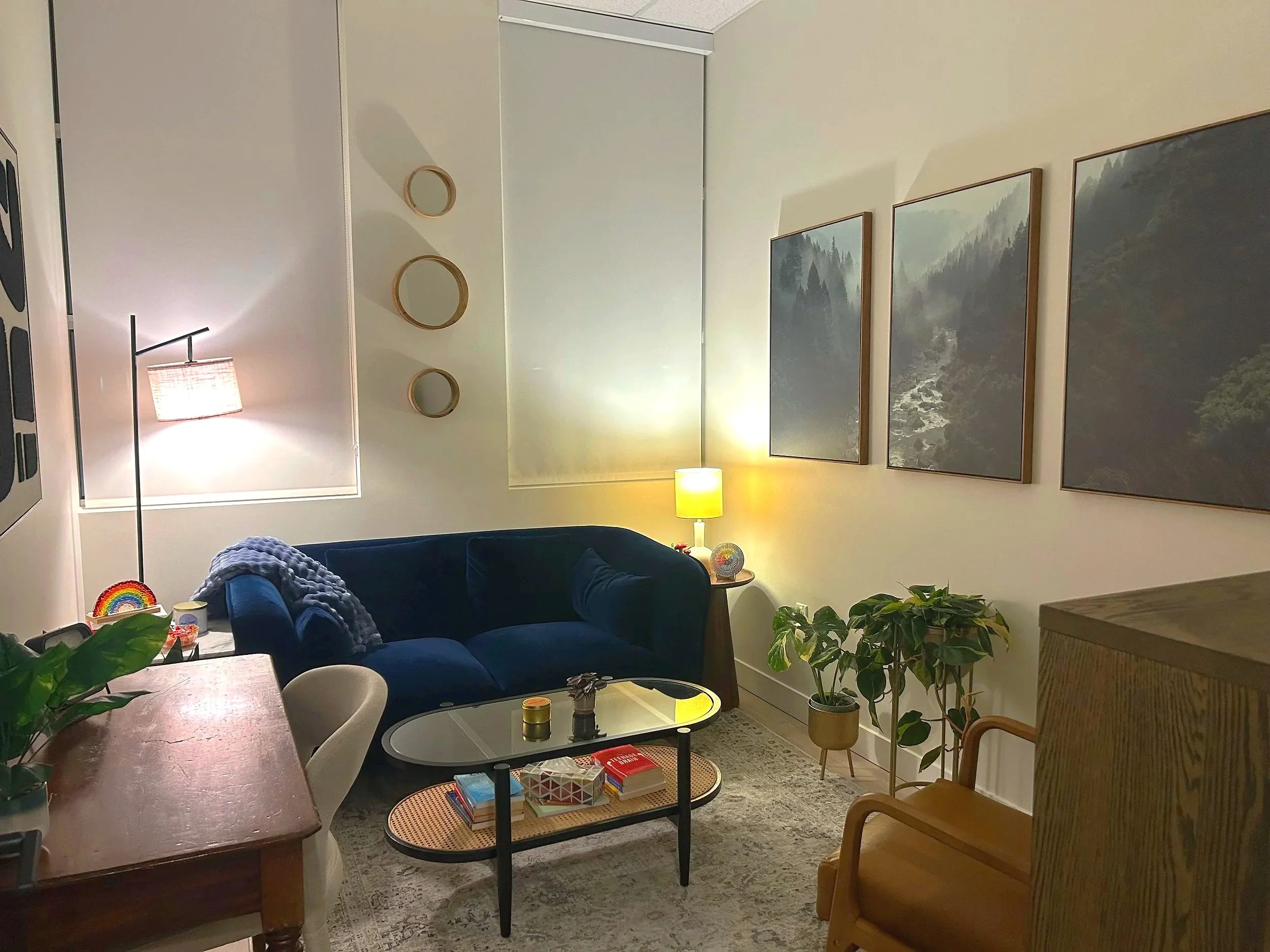 A cozy living room features a navy blue sofa with a knitted blanket and pillows, a small round coffee table with books and a decorative item, a wooden armchair, potted plants, a yellow table lamp, three framed landscape pictures on the wall, and a ceiling-mounted mirror. The room has warm lighting and a mix of modern and rustic decor.