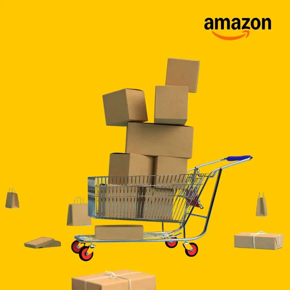 A shopping cart with boxes inside and above it, against a yellow background with the Amazon logo in the top right corner and small paper bags and boxes scattered around.