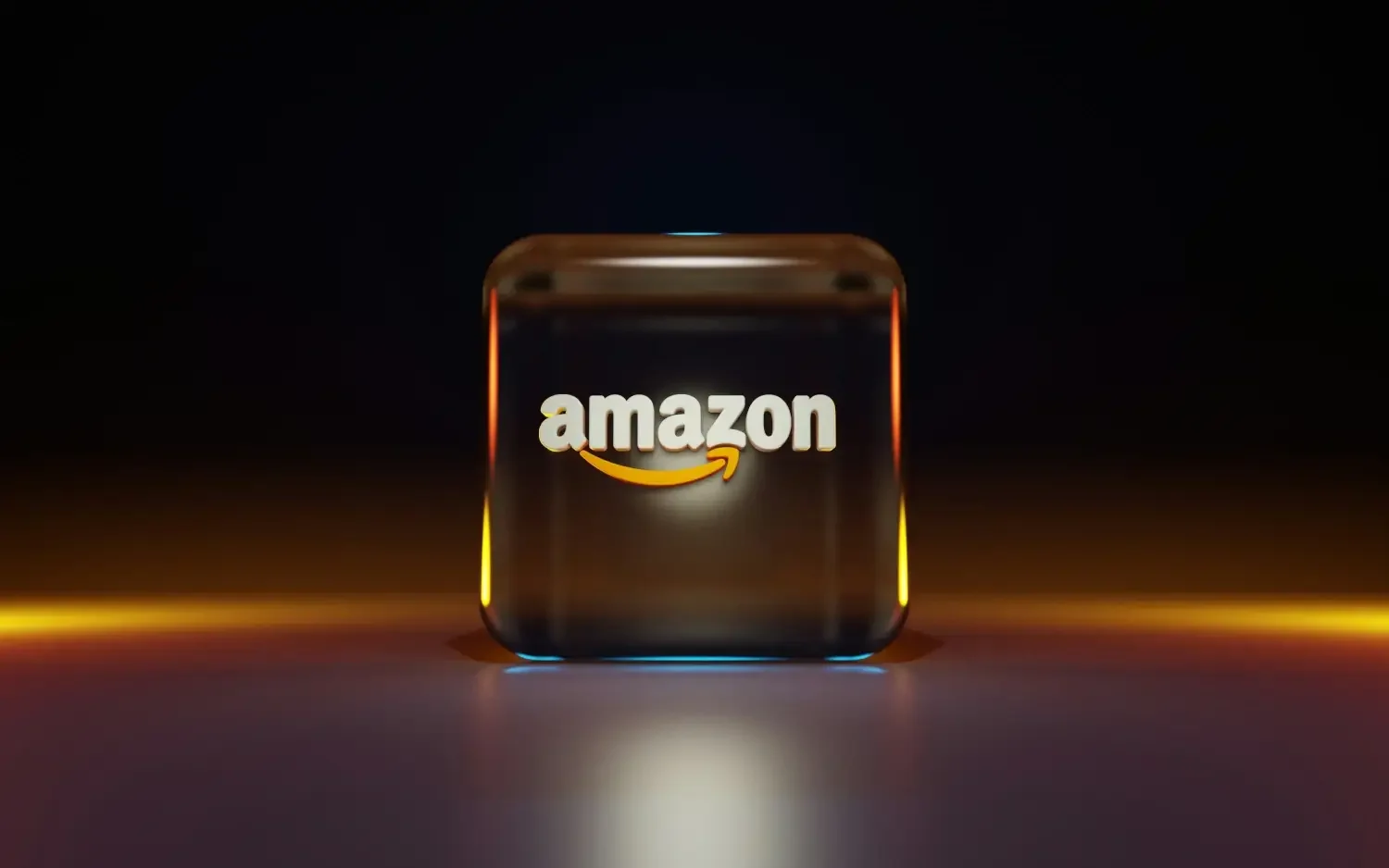 A glowing smart device displaying the Amazon logo against a dark background.