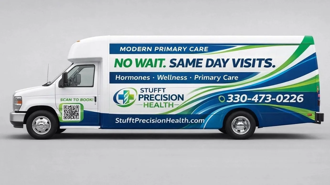A health services vehicle advertising primary care, same day visits, hormones, wellness, with a QR code, phone number, and website for Stuff Precision Health.