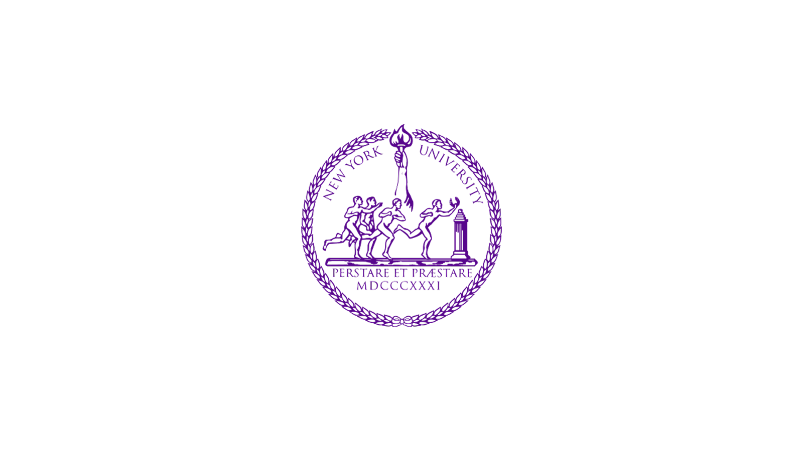 New York University seal with Latin motto 'Perstare et Praestare' and Roman numerals 'MDCCXXI' in purple.