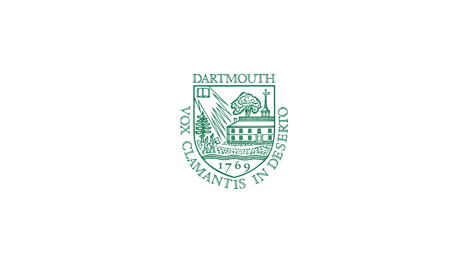 Dartmouth College seal with the Latin motto 'Vox Tulit Amantiss In Deserto' and the year 1769, displayed on a black background.