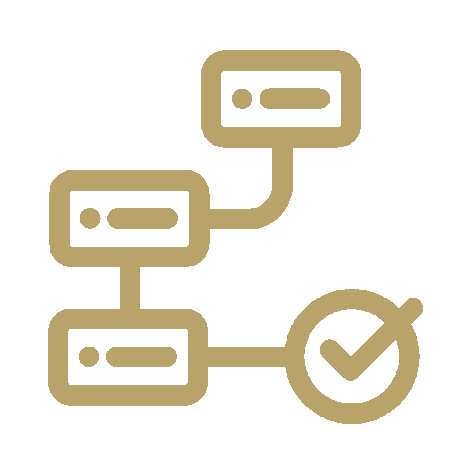 Flowchart with connected rectangles and a checkmark icon