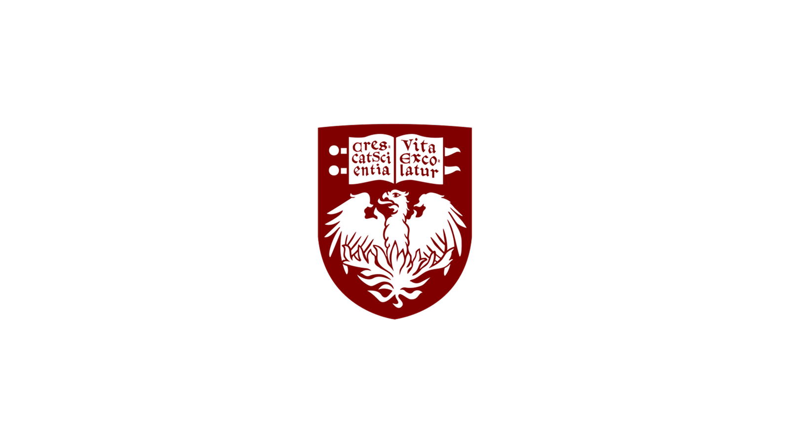 A black background with the University of Oxford crest in the center featuring a white lion, an open book with Latin text, and a banner on each side.