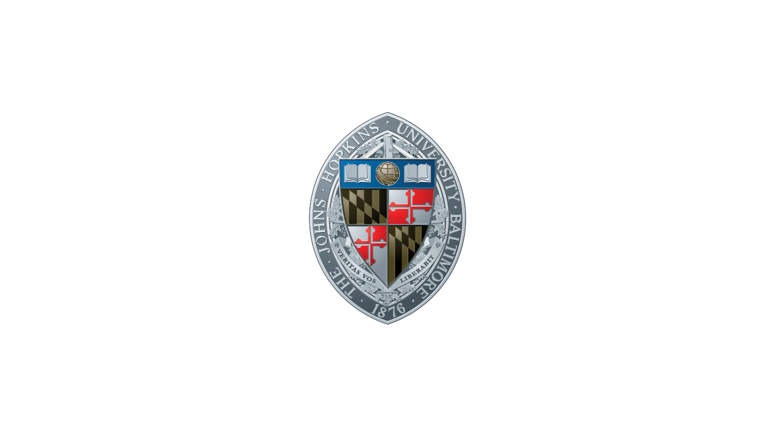 The seal of Johns Hopkins University, Baltimore, 1876, featuring shields with books, a globe, and crosses, surrounded by a Latin motto and laurels.