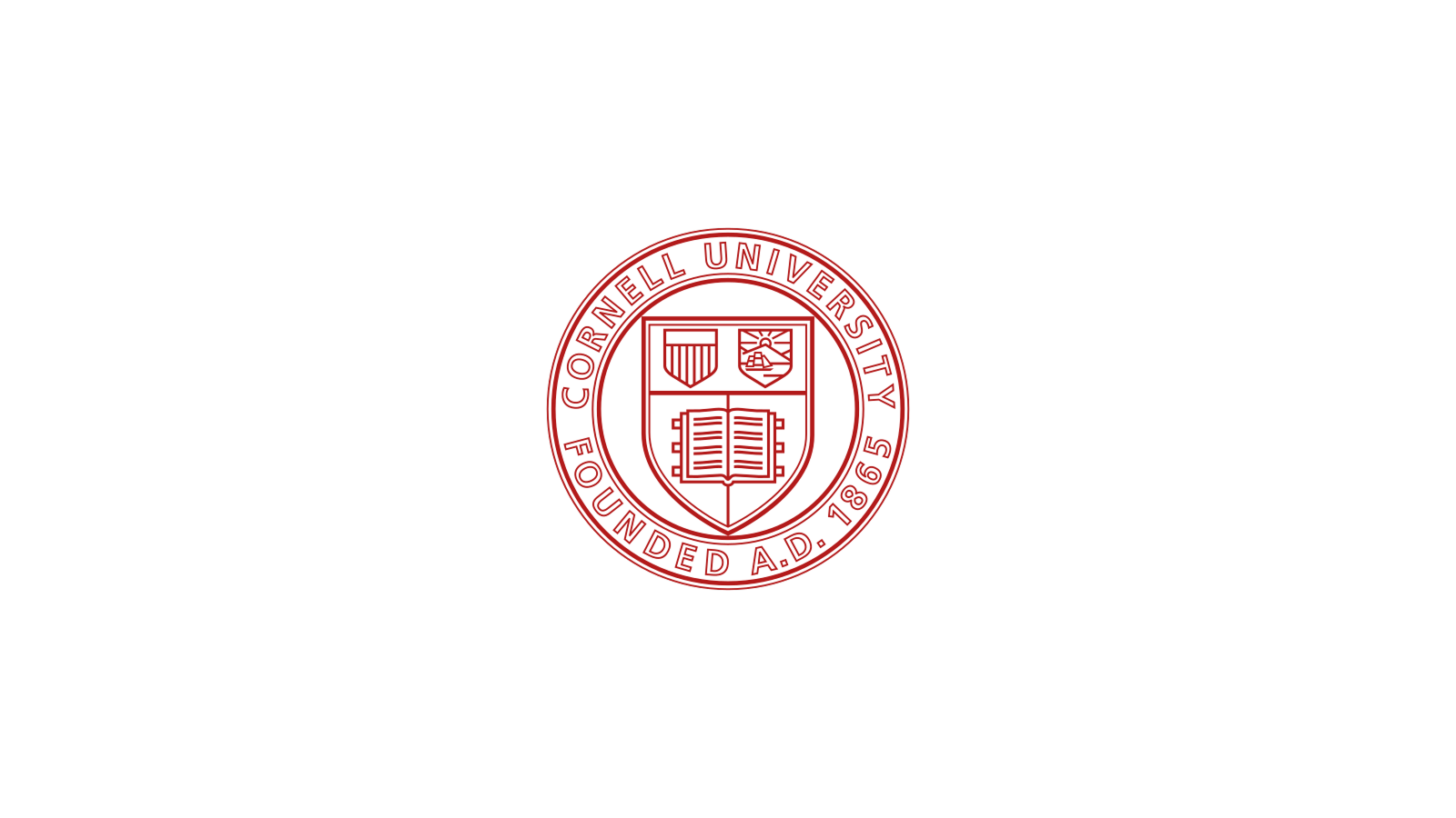 Cornell University logo with red and white crest featuring open book, shield, and text around it on a black background.