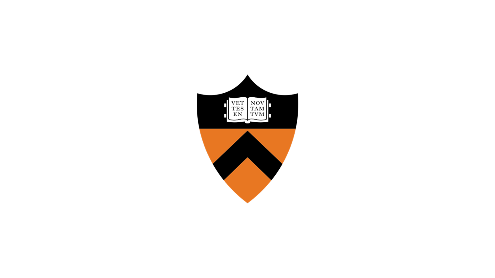 Harvard University shield with orange chevron, open book with Latin phrase, and white background.