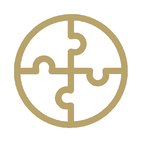 Illustration of a round puzzle with four pieces interconnected.