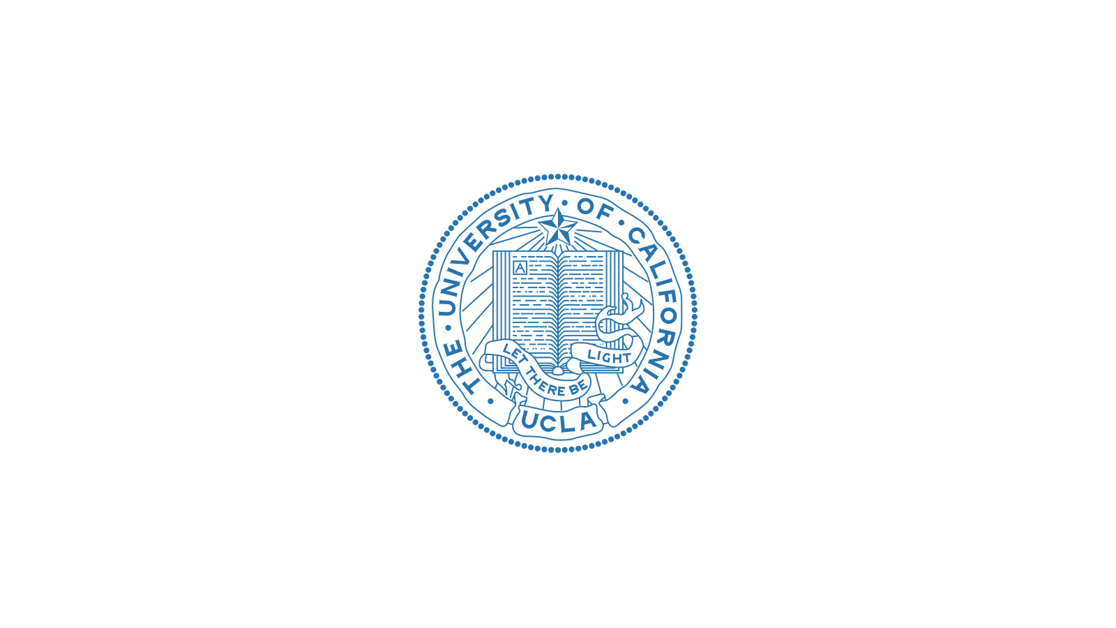 Seal of the University of California Los Angeles (UCLA) with text 'Let there be light' on a ribbon.