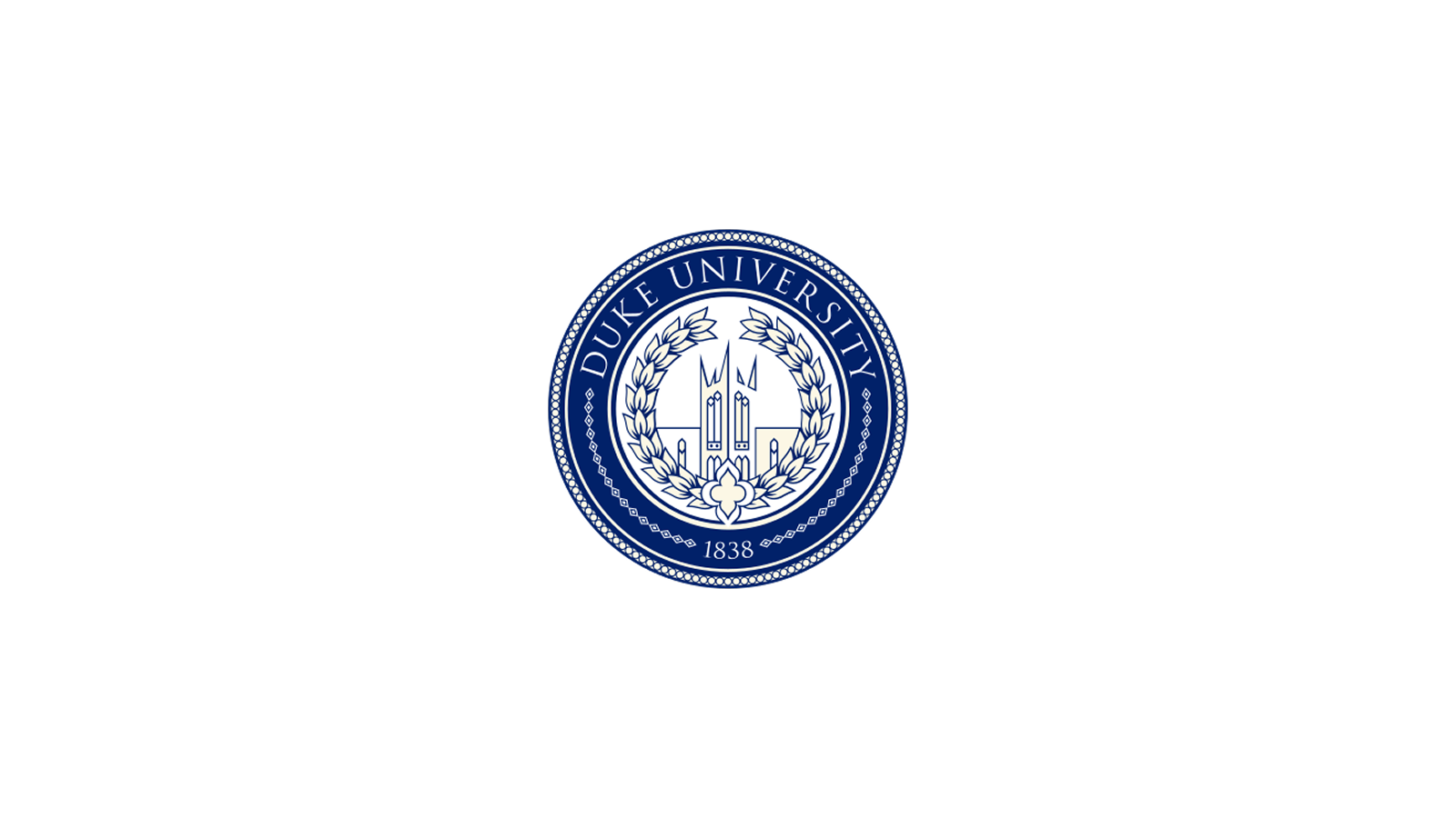 Duke University logo with a blue circular emblem featuring a shield, laurel wreath, and the founding year 1838.