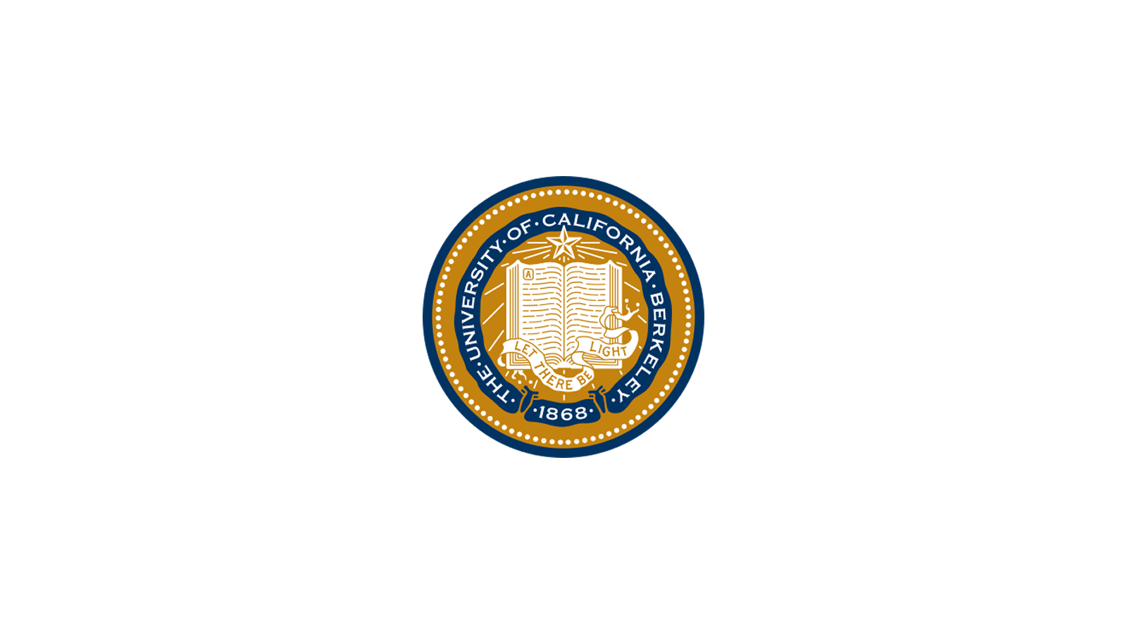 The official seal of the University of California, Berkeley, featuring a golden open book with an eagle, a star, and a banner that reads 'Let There Be Light,' with the university's name and founding year 1868.