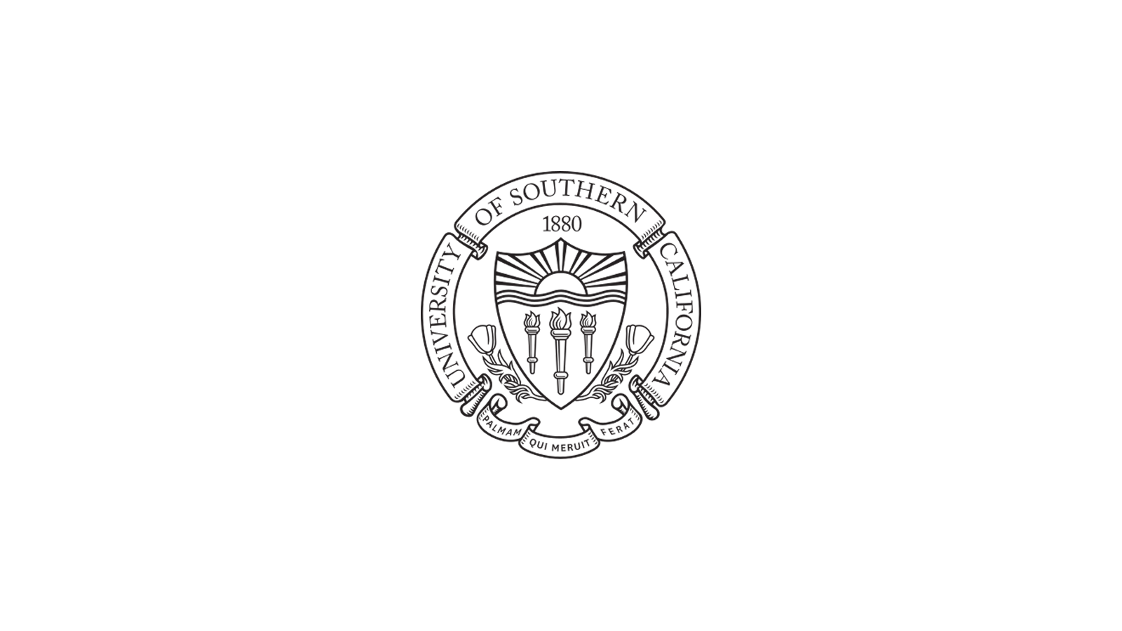 University of Southern California seal with a shield, suns, torches, and Latin motto.