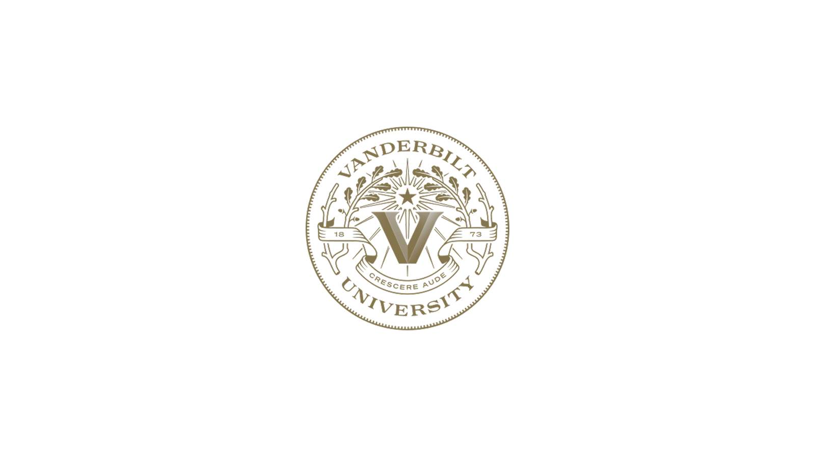 Vanderbilt University logo featuring a large V with a star, laurel branches, and a banner with Latin motto 'Crescere Aude'.