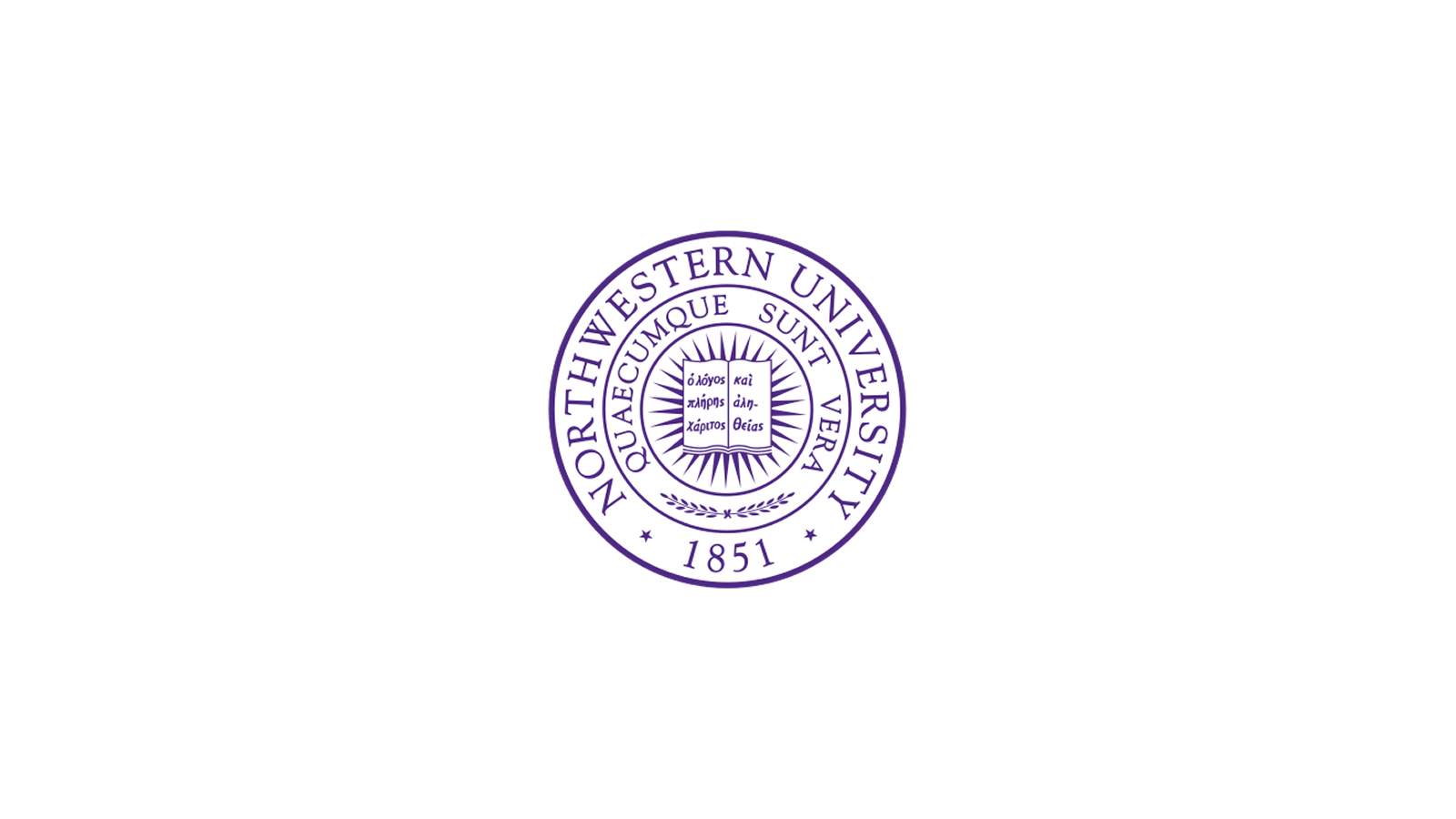 The seal of Northwestern University with purple text and an open book in the center.