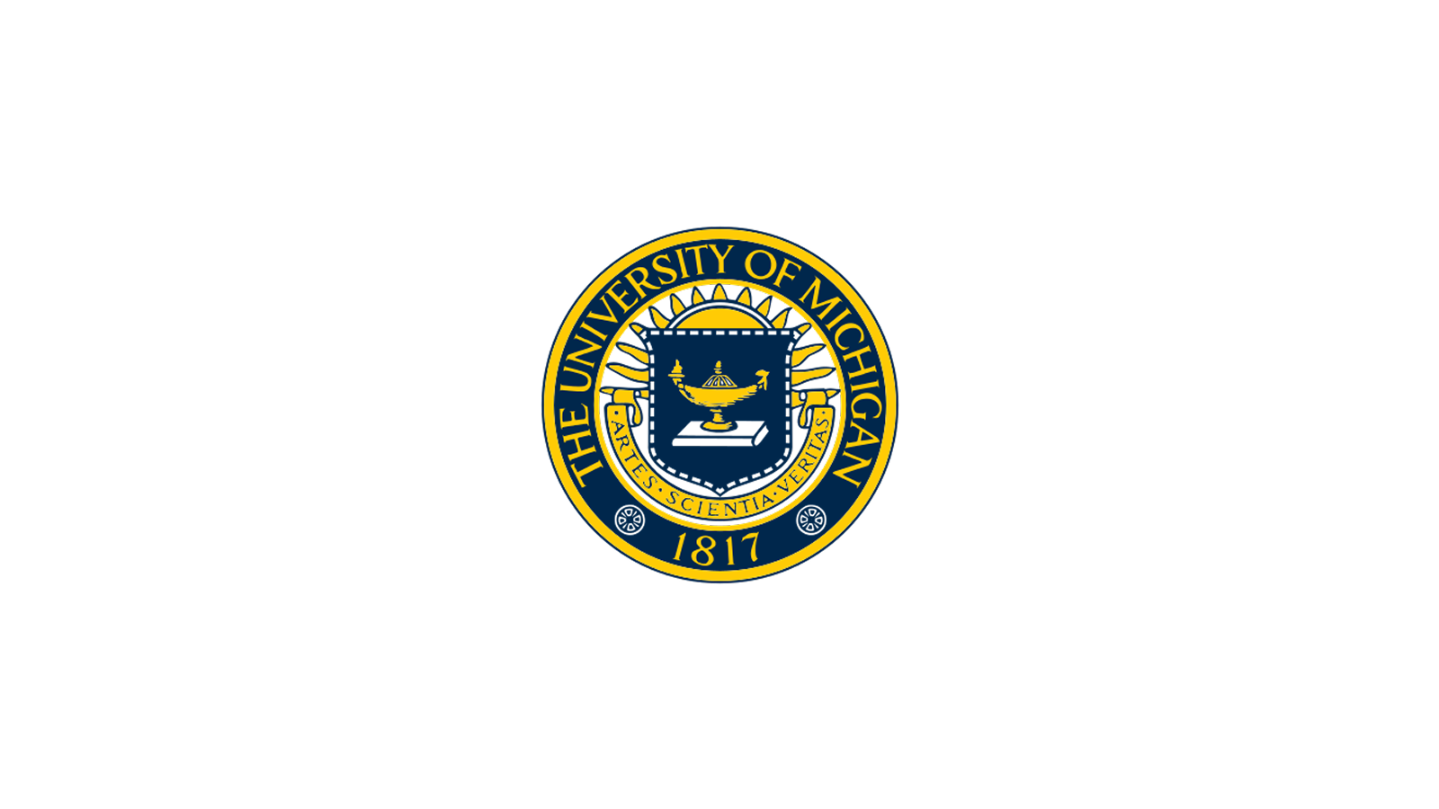 The official seal of the University of Michigan, featuring a shield with a lamp, surrounded by a dark blue circle with gold text and accents, and the founding year 1817.