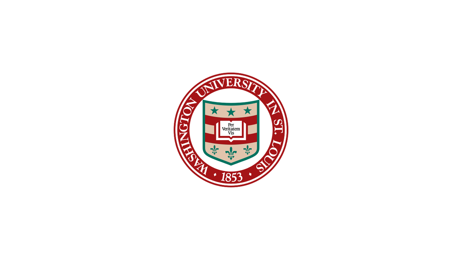 The logo of Washington University in St. Louis featuring a shield with the university's name, founding year 1853, and motto 'Per Veritatem Vis.'