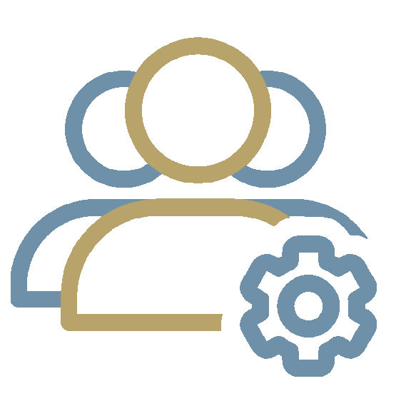 Line drawing of three people with a gear icon in front of the person in the center.