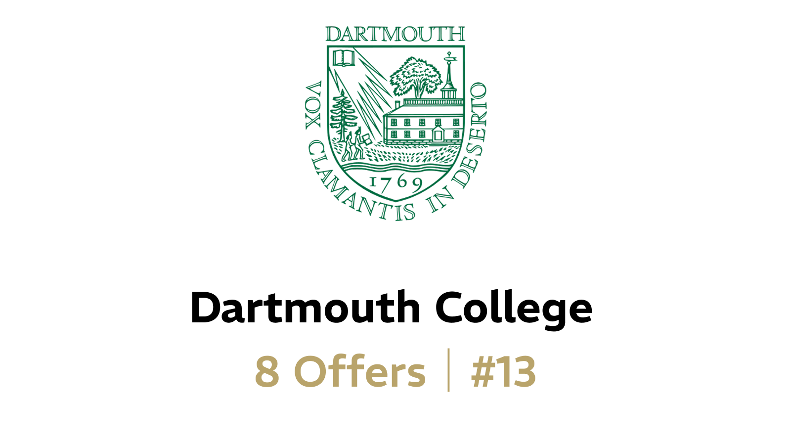 Dartmouth College logo with the words '8 Offers | #13' beneath it.