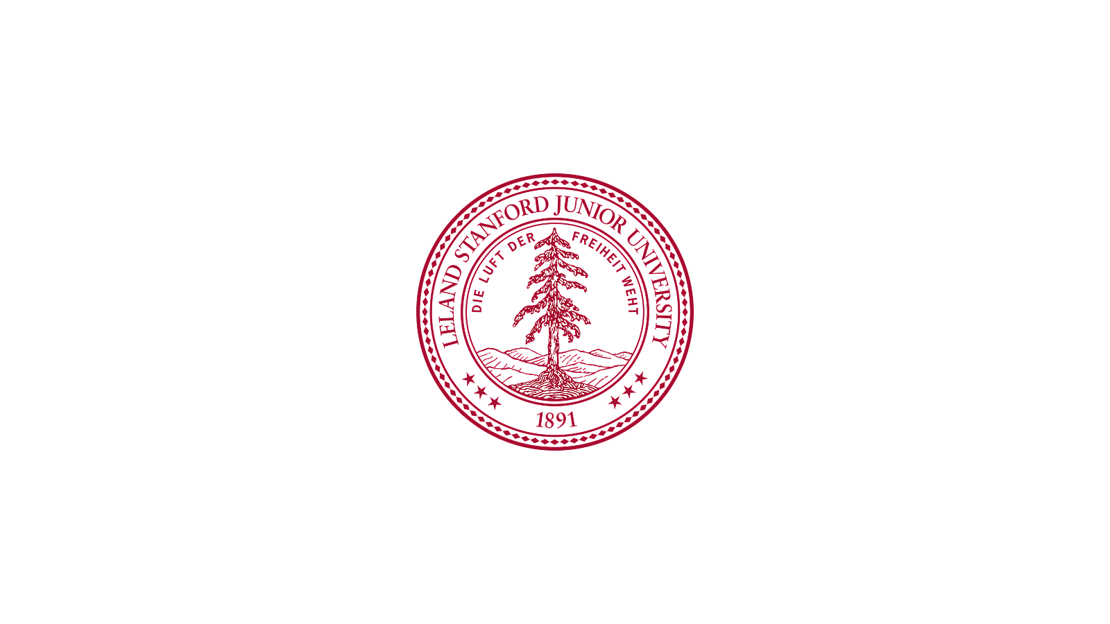 The emblem of Leland Stanford Junior University, featuring a red pine tree in the center, encircled by the university's name and motto in German, with the year 1891 at the bottom.