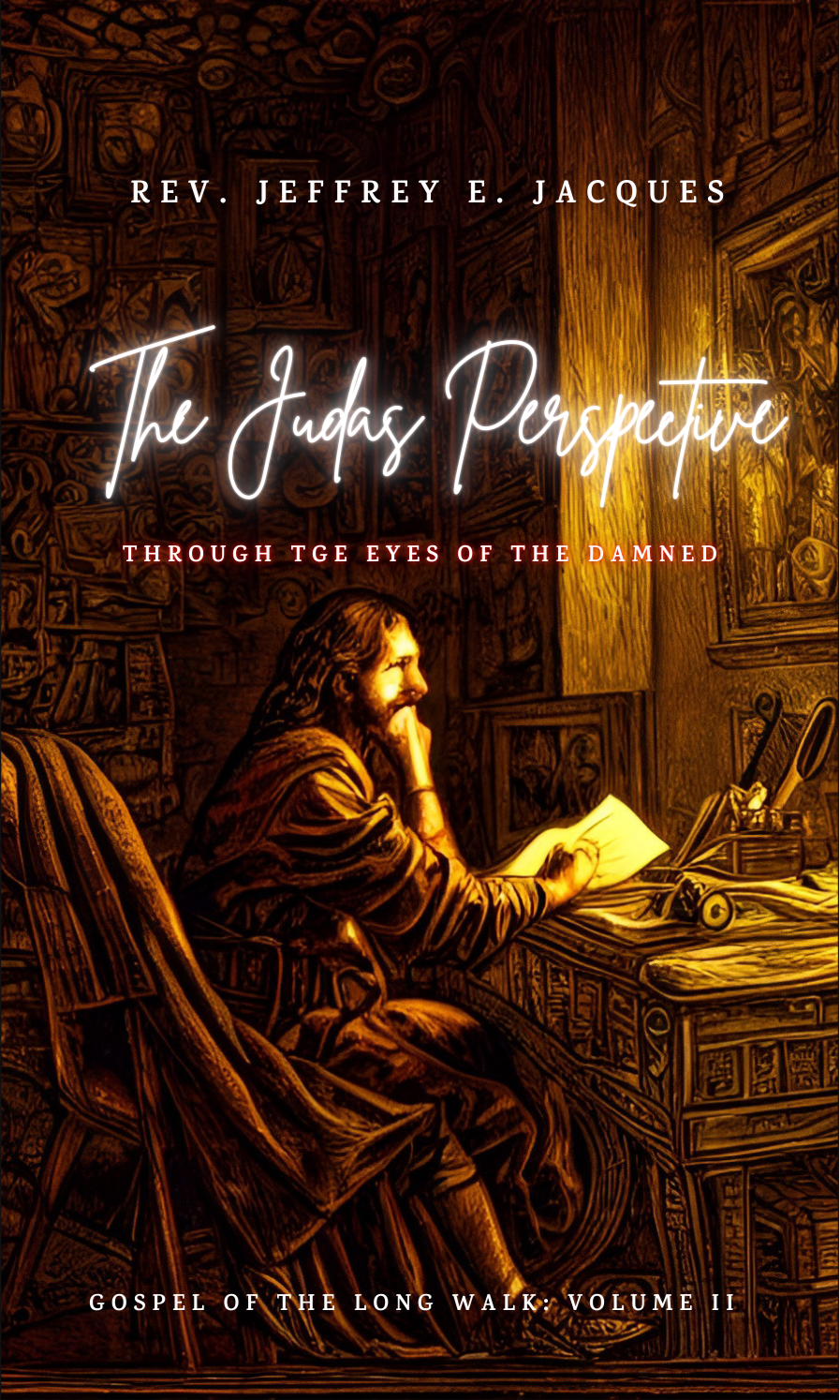 Book cover featuring a drawing of a man with long hair and a beard reading a book in a study with wood-paneled walls and shelves filled with books.