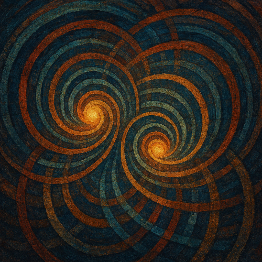 Abstract painting featuring intertwined, spiraling circular patterns in shades of orange, yellow, blue, and dark green.