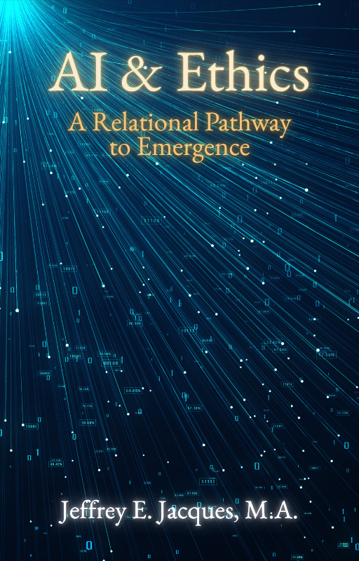 Book cover titled "AI & Ethics: A Relational Pathway to Emergence" by Jeffrey E. Jacques, M.A., featuring a digital blue abstract background with binary code and light streaks.