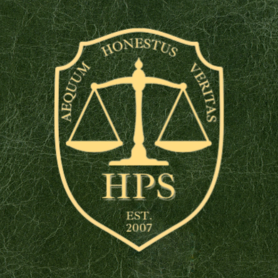 A shield-shaped logo with a scale of justice in the center, surrounded by the words "Aequum Honestus Veritas." Below, it has the initials "HPS" and the year "Est. 2007." The background is green.