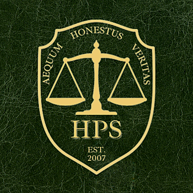 A logo on a textured dark green background featuring a shield with a scale of justice, the words 'Aequum Honestus Veritas' around it, and 'HPS' with 'EST. 2007' below.