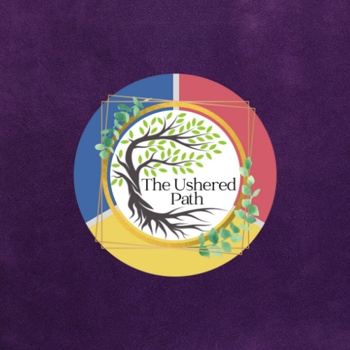 A logo with a tree with roots and green leaves, and the text 'The Ushered Path' inside a circular design with colorful segments on a purple background.