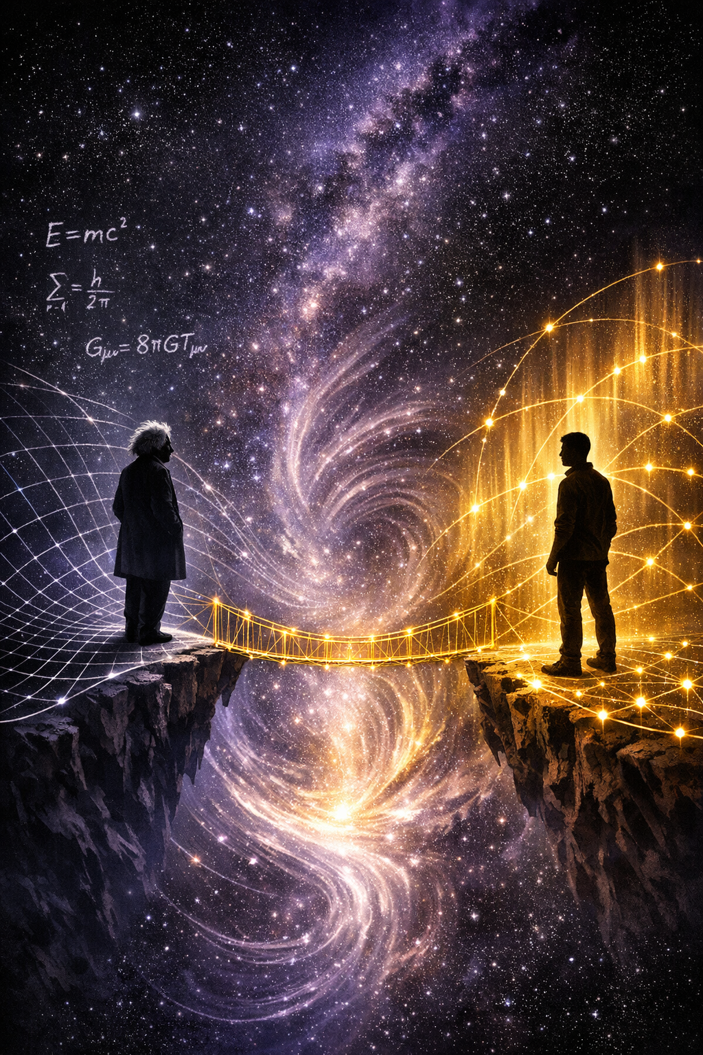 Silhouetted man and woman standing on opposite sides of a glowing bridge over a cosmic landscape with stars and galaxies, featuring scientific equations written in the sky.