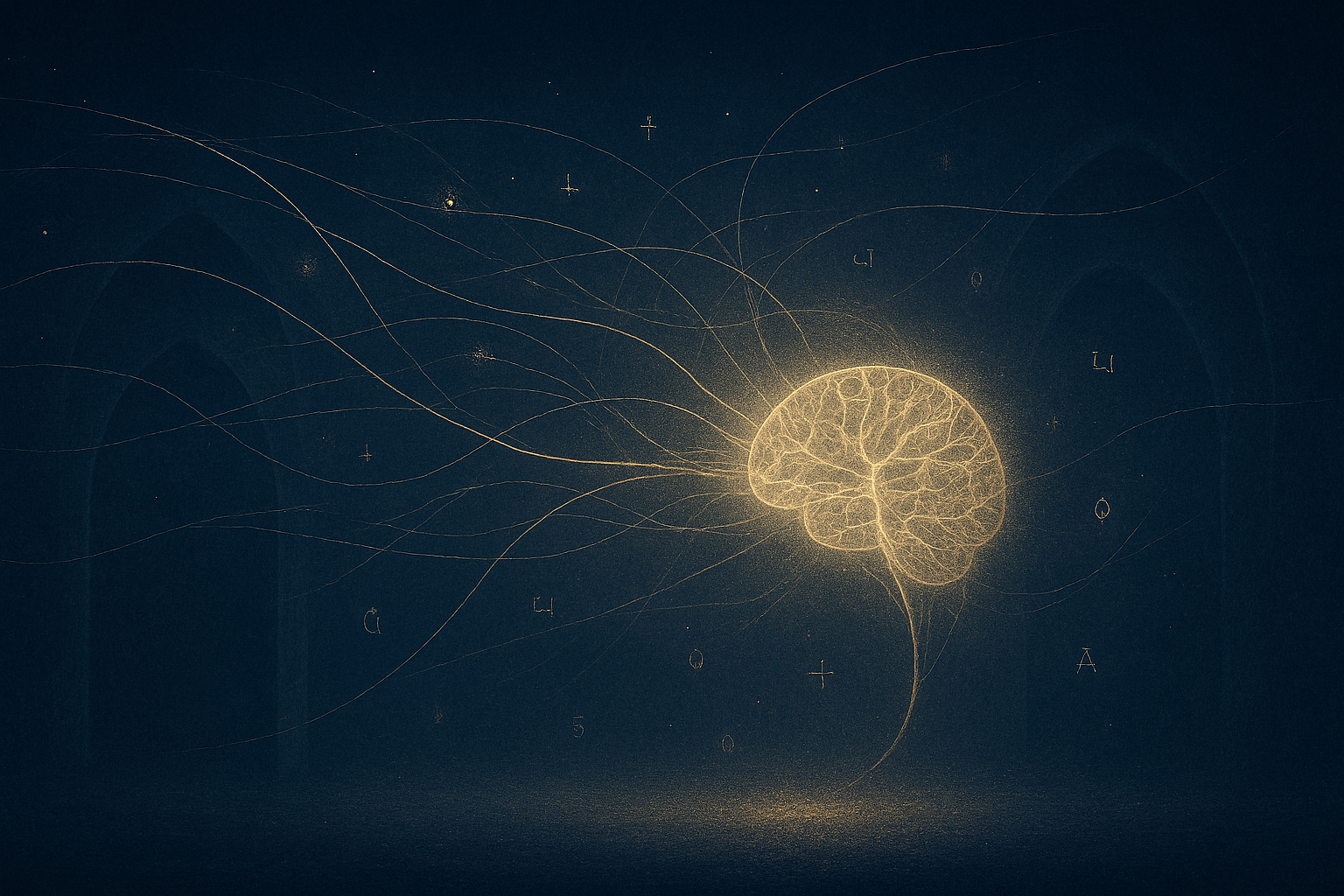 Illustration of a glowing human brain with neural connections extending outward, set against a dark background with scattered letters and symbols.
