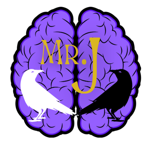 A purple brain illustration with the text 'MR. J' in gold, featuring a white crow on the left and a black crow on the right.