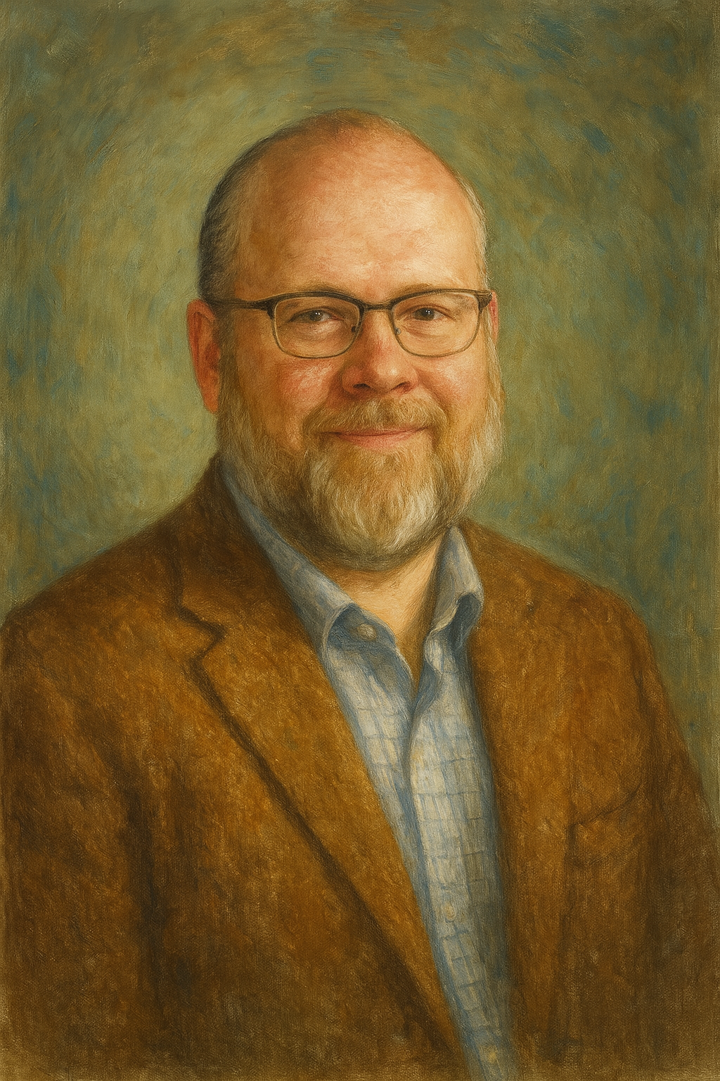 A painted portrait of a smiling man with glasses, a beard, and mustache, wearing a blue shirt and brown blazer, against a greenish background.