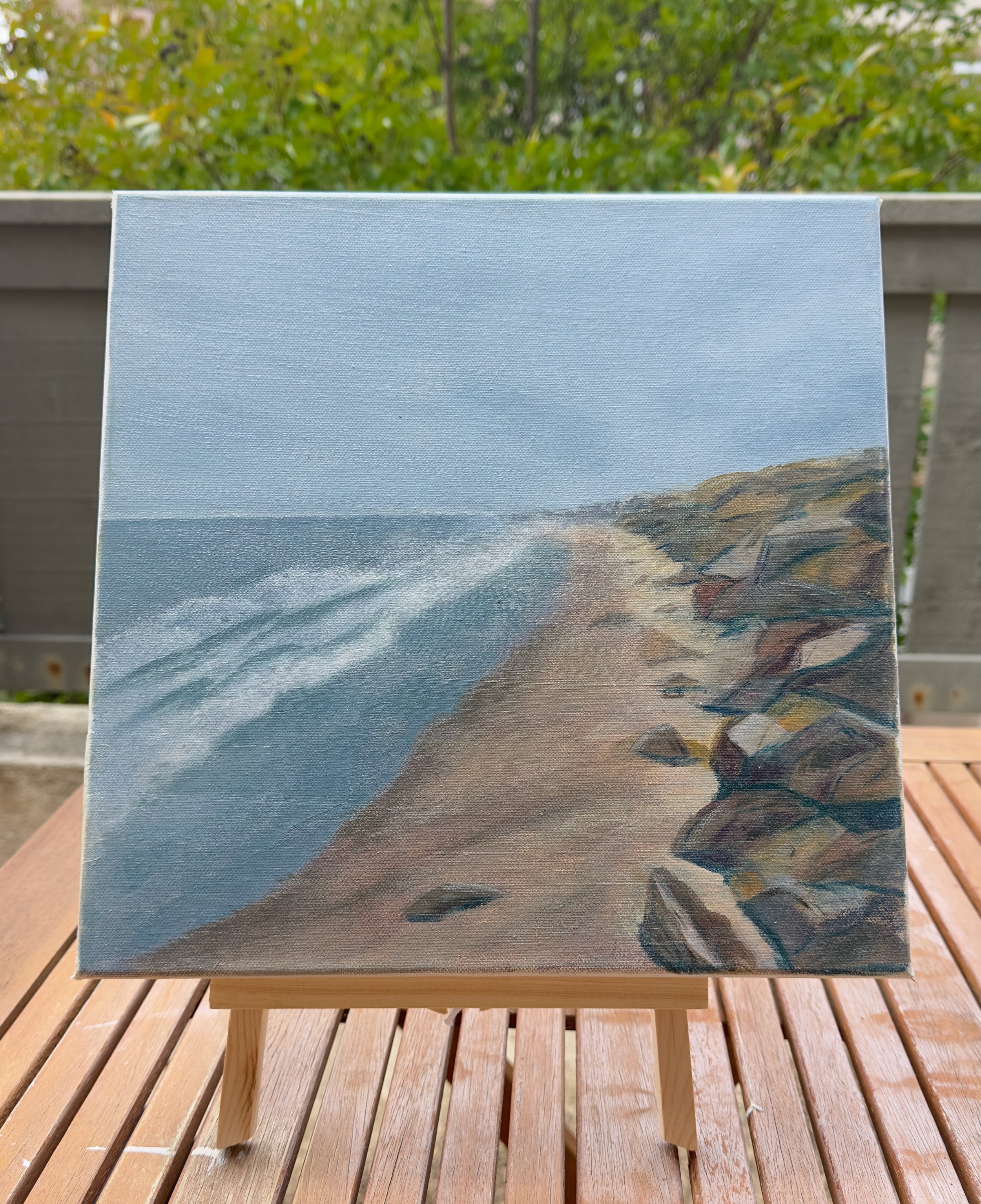 Original plein air acrylic painting North Ponto Carlsbad rocks waves surfers canvas dianalisa