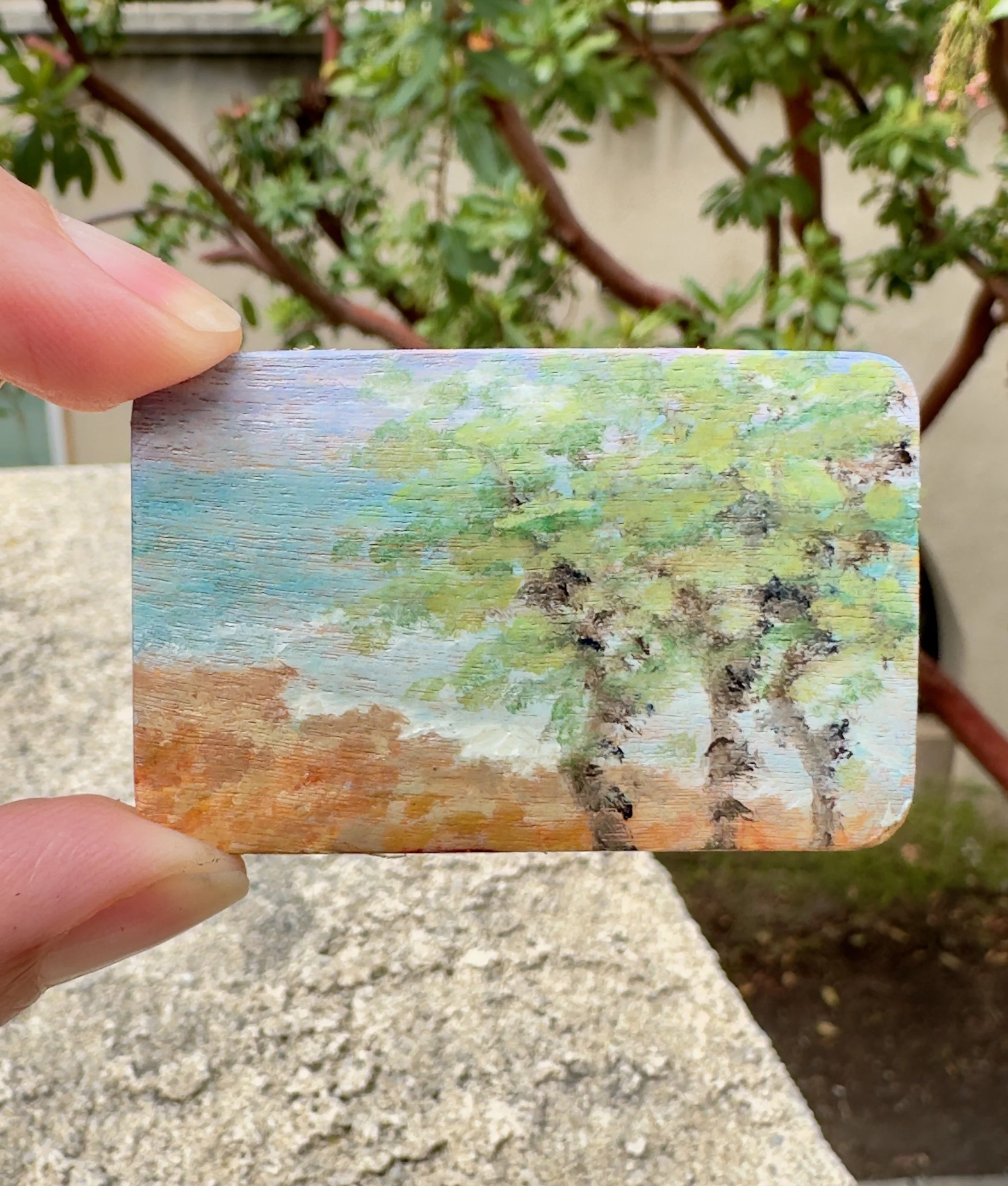 Original oil painting Hawaii beach trees infinity pool Altoids tin palette plein air dianalisa