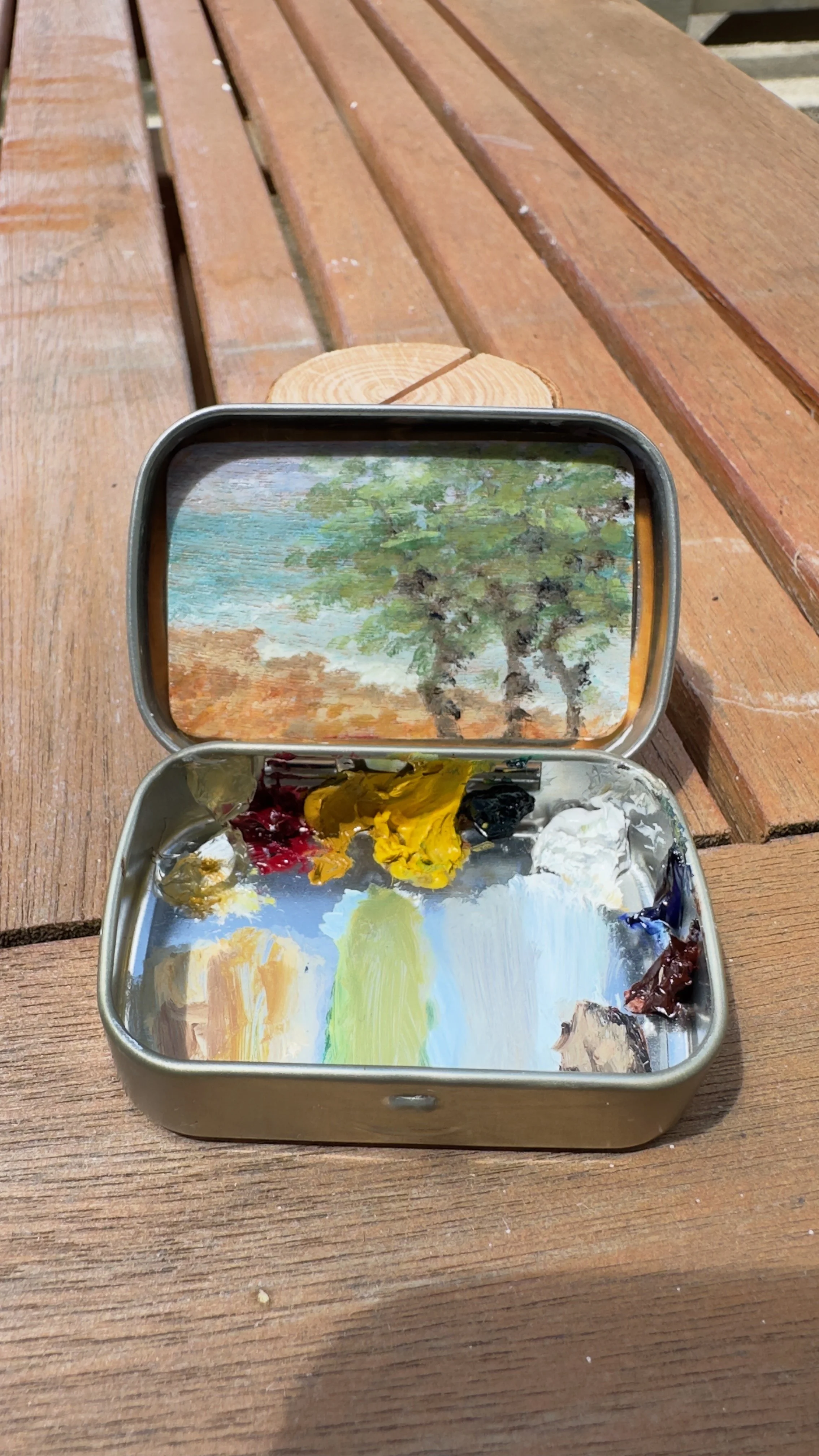 Original plein air oil painting Westin Hapuna Beach Hawaii pool deck Altoids tin series dianalisa