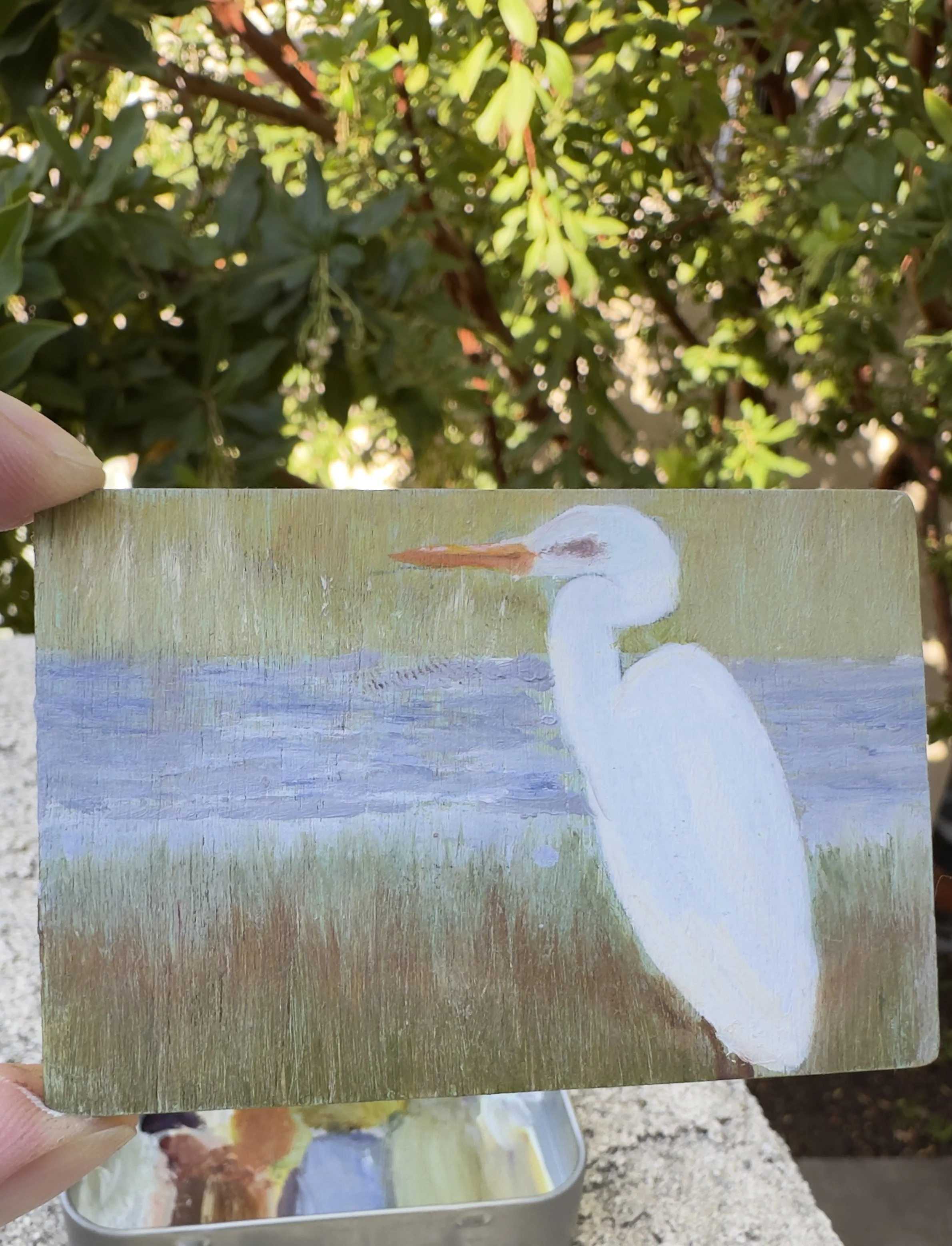 one egret san elijo lagoon original plein air oil painting altoids tin california coast