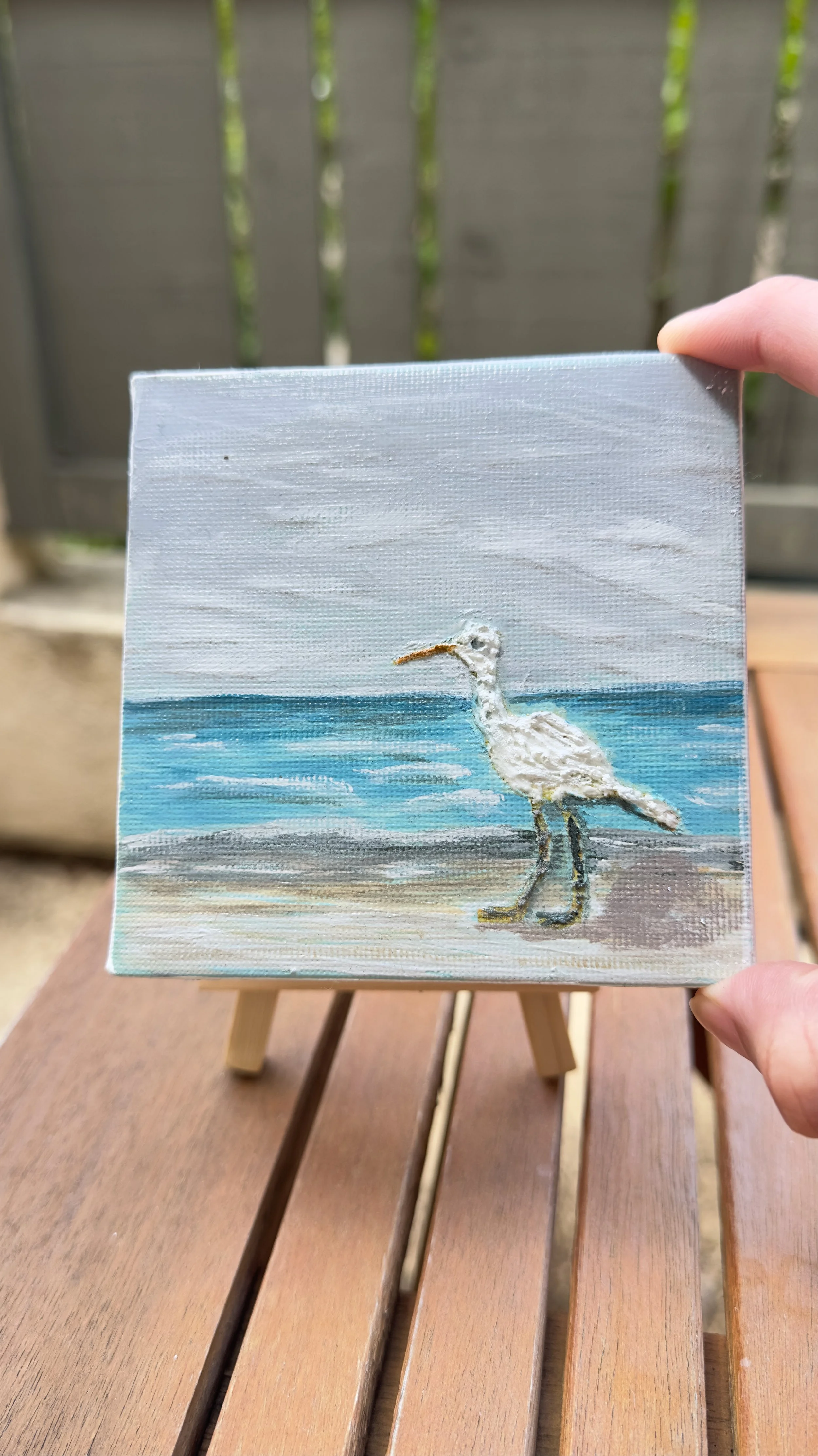 Original acrylic Willet shorebird painting 4x4 canvas easel dianalisa