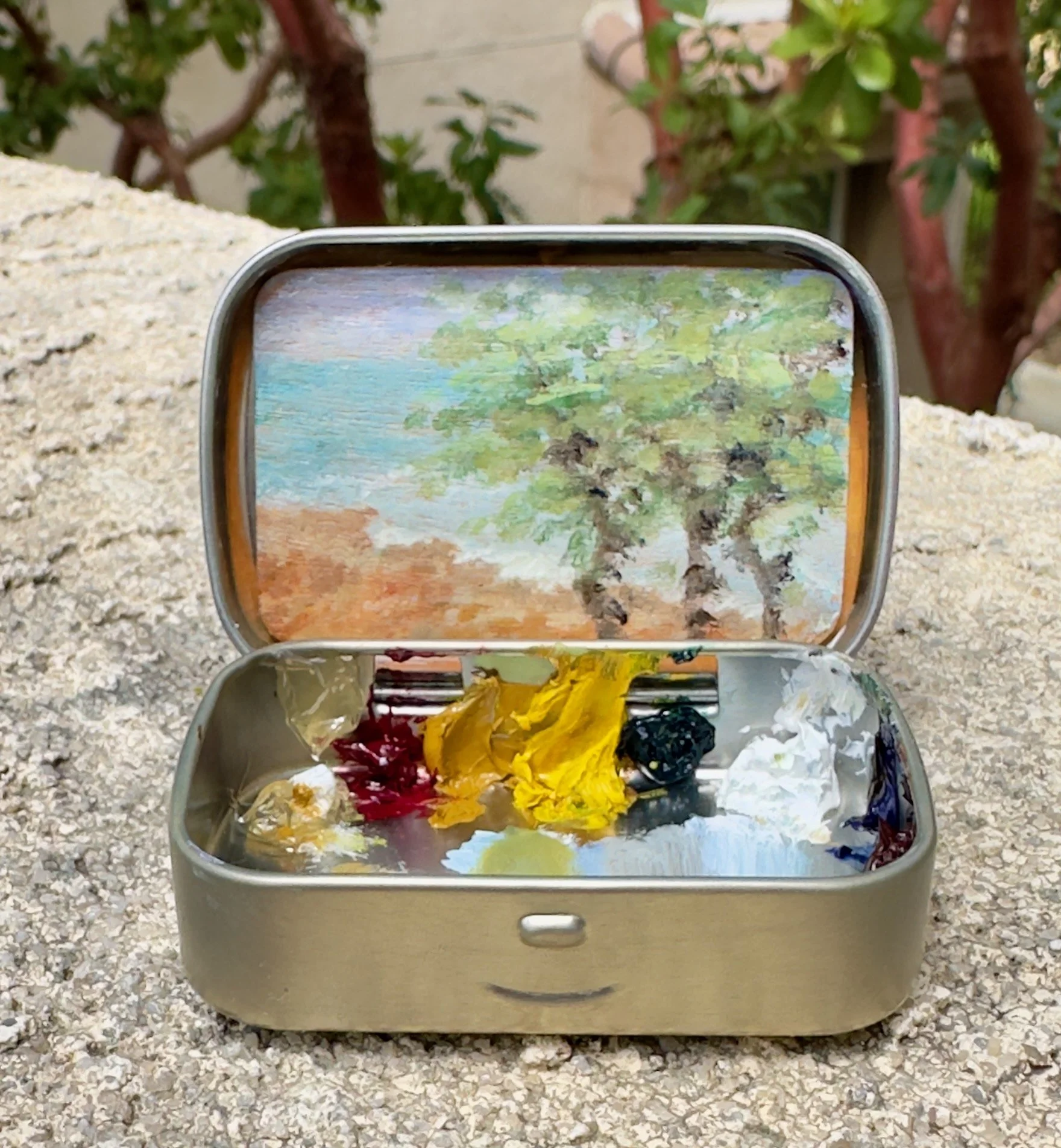 Original oil painting pool deck Westin Hapuna Beach Hawaii trees horizon Altoids tin open dianalisa